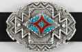oval western belt buckle, turquoise and coral inlay diamond design