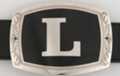 belt buckle with chrome initial "L" on black field
