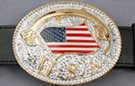 stars & stripes belt buckle, gold "USA" on confetti field