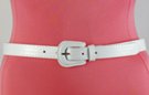 narrow white vinyl fashion belt with guitar-shaped buckle