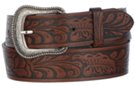 western pin buckle on brown embossed leather-look belt strap