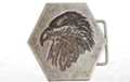 etched eagle head on western belt buckle
