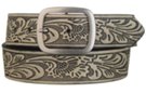 pewter center bar buckle on bone color embossed belt