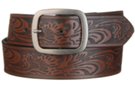 pewter center bar buckle on brown embossed belt