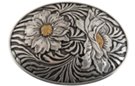 floral design with brass accent on oval pewter belt buckle