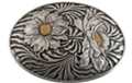 floral design with brass accent on oval pewter belt buckle