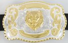 silver and gold tone lion head western belt buckle
