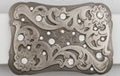 rhinestone floral design on saddleback rectangular pewter belt buckle