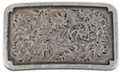 rectangular pewter belt buckle with western scrollwork embossed