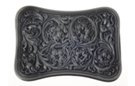 bow-tie pewter belt buckle with western scrollwork