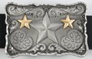 three star brass and pewter rectangular western belt buckle