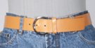 tan 1-1/2" plain cut leather belt, nickel polish horseshoe buckle, plain leather retainer loop
