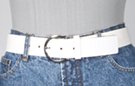 white 1-1/2" plain cut leather belt, nickel polish horseshoe buckle, plain leather retainer loop