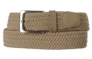 extra wide beige braided stretch belt with navy blue tabbing and nickel buckle