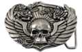 human skull on wings with roses belt buckle