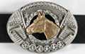 gold and pewter oval horse in winners circle belt buckle