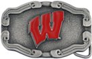 red Wisconsin Badger "W" on pewter western belt buckle
