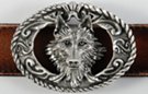 western belt buckle gray wolf head in braided oval ring