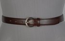 brown 1" polished leather belt, single stitched edge and retainer, nickel polish horseshoe buckle