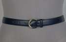 navy blue 1" polished leather belt, single stitched edge and retainer, nickel polish horseshoe buckle