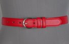 red leather belt with single stitched edge and double loop, nickel horseshoe buckle