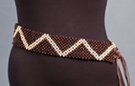 belt of checker-board mesh of ball shape beads, coffee bean color interlaced with natural wood zig-zag pattern, double-double twine tie-off at either end
