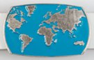 blue and pewter world map belt buckle